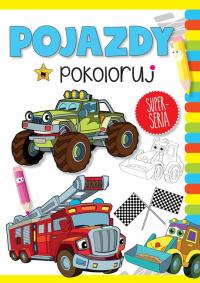 Pojazdy. Pokoloruj. Autor: Opracowanie zbiorowe. Dobreksiazki.pl Okładka książki Pojazdy. Pokoloruj