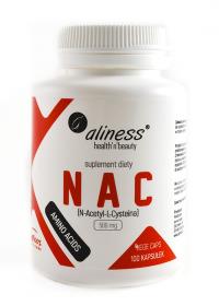 Aliness NAC N-Acetylo L-Cysteina 500mg 100 kaps. Producent: Aliness. Dobreksiazki.pl Zdjęcie produktu Aliness NAC N-Acetylo L-Cysteina 500mg 100 kaps