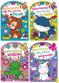 Pakiet 4 kolorowanek: Wiosna, Piesek, Kotek, Jednorożec z naklejkami. Wydawca: Wilga. Dobreksiazki.pl Opakowanie Pakiet 4 kolorowanek: Wiosna, Piesek, Kotek, Jednorożec z naklejkami