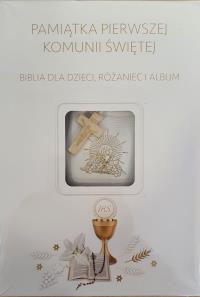 Pamiątka Pierwszej Komunii Świętej. Pakiet: Biblia, Różaniec, Album - uszkodzone. Autor: Praca zbiorowa. Dobreksiazki.pl Okładka książki Pamiątka Pierwszej Komunii Świętej. Pakiet: Biblia, Różaniec, Album - uszkodzone