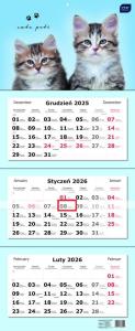 Kalendarz 2026 trójdzielny 82,5x34cm Koty. Wydawca: INTERDRUK. Dobreksiazki.pl Opakowanie Kalendarz 2026 trójdzielny 82,5x34cm Koty