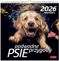 Kalendarz 2026 wieloplanszowy kwadrat Psy pod wodą. Wydawca: O-press. Dobreksiazki.pl Opakowanie Kalendarz 2026 wieloplanszowy kwadrat Psy pod wodą