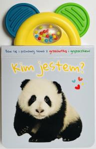 Okładka książki Kim jestem? błękitna. Książeczka z gryzaczkiem i grzechotką