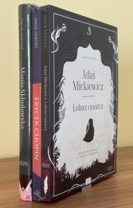 PAKIET Adaś Mickiewicz + Frycek Chopin + Mania Skłodowska. Autor: Jakub Skworz. Dobreksiazki.pl Okładka książki PAKIET Adaś Mickiewicz + Frycek Chopin + Mania Skłodowska