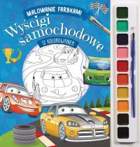Wyścigi samochodowe. Malowanie farbkami. Autor: Izabella Sieńko-Holewa. Dobreksiazki.pl Okładka książki Wyścigi samochodowe. Malowanie farbkami